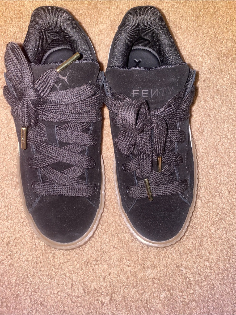 Puma FENTY Black Suede Platform Sneakers with Gold Aglets